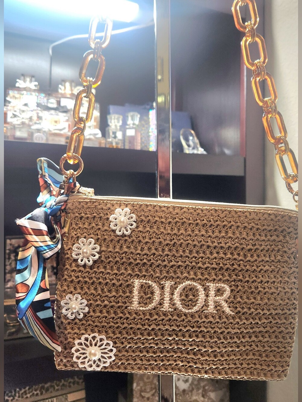 Dior Straw Crossbody Bag in Brown with Floral Embellishments